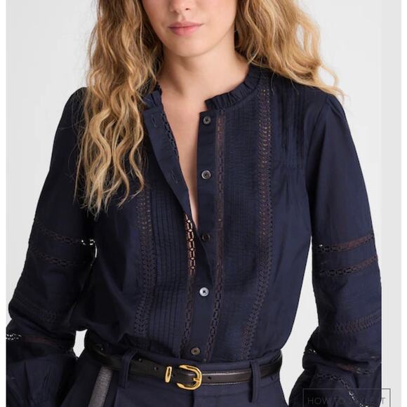 Madewell Tops - Madewell Navy Pintuck Lace Insert Blouse Ruffle Neck Boho Cottagecore Top L